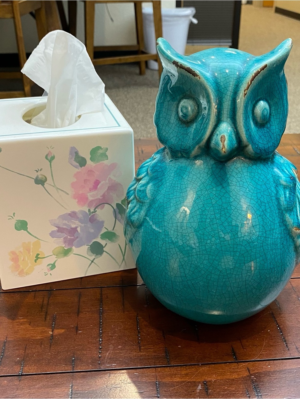 Large 9” Teal/Turquoise Ceramic Owl Figurine - Aged Vintage Look Home Decor - Picture 2 of 11